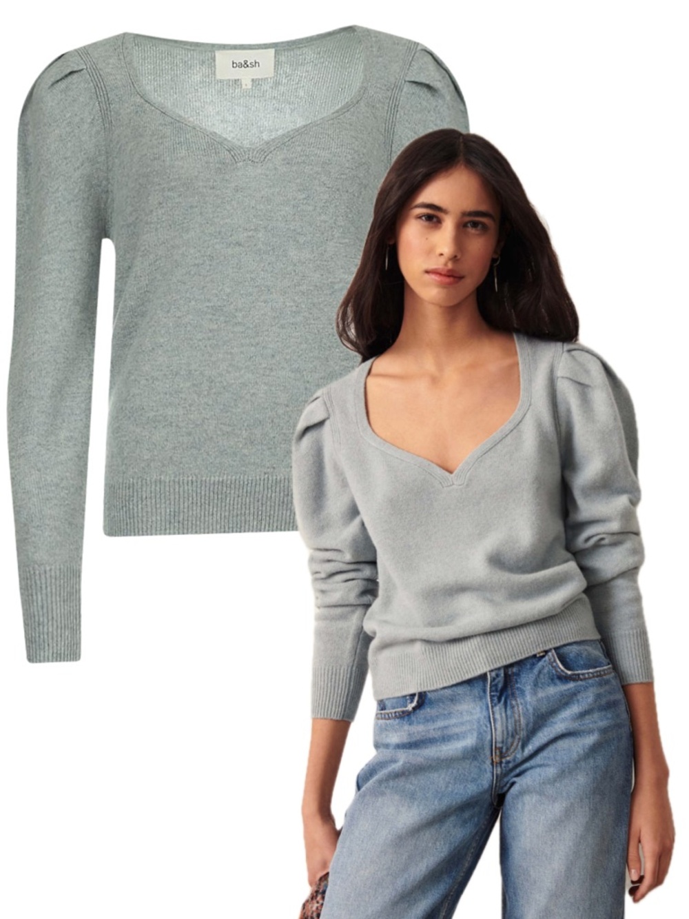 ba&sh Wool Yak Blend Light Blue Knit Square V Neck Sweetheart Sweater